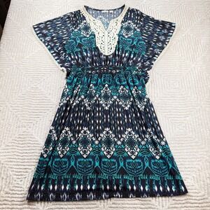 Cato Dress Large Kaftan Turquoise Blue Geometric Print Crochet Artsy Boho Resort